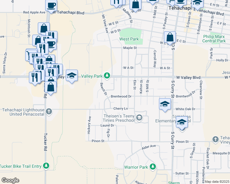 map of restaurants, bars, coffee shops, grocery stores, and more near 816 Aspen Drive in Tehachapi