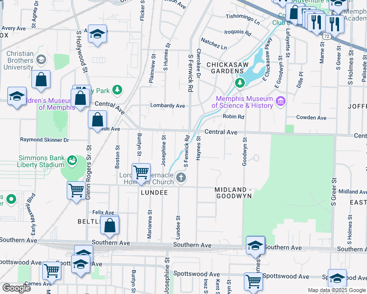map of restaurants, bars, coffee shops, grocery stores, and more near 346 South Fenwick Road in Memphis