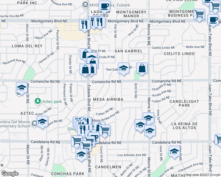 map of restaurants, bars, coffee shops, grocery stores, and more near 9912 Chapala Drive Northeast in Albuquerque