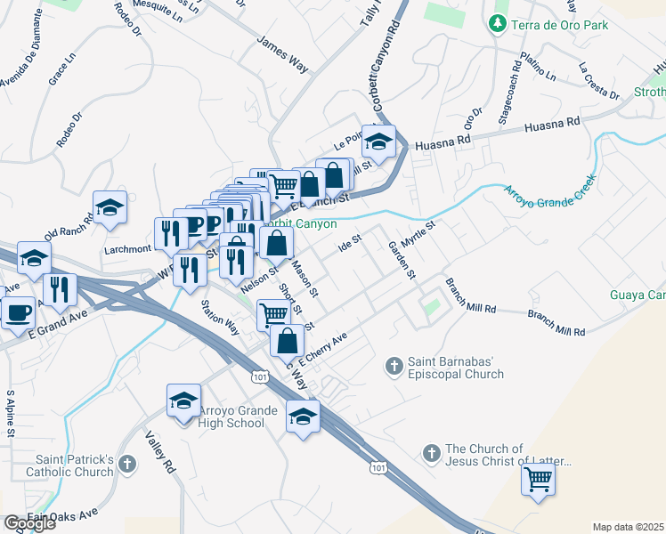 map of restaurants, bars, coffee shops, grocery stores, and more near 305 Whiteley Street in Arroyo Grande