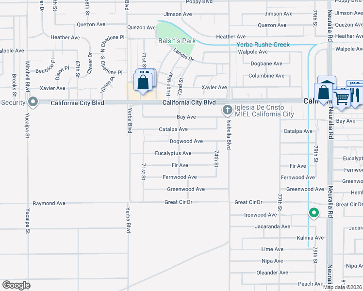 map of restaurants, bars, coffee shops, grocery stores, and more near 7236 Dogwood Avenue in California City