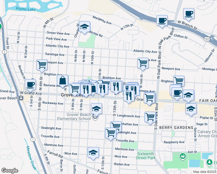 map of restaurants, bars, coffee shops, grocery stores, and more near 210 North 12th Street in Grover Beach
