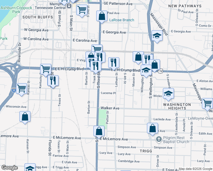 map of restaurants, bars, coffee shops, grocery stores, and more near 249 Maryland Avenue in Memphis