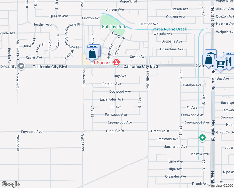 map of restaurants, bars, coffee shops, grocery stores, and more near 7236 Dogwood Avenue in California City