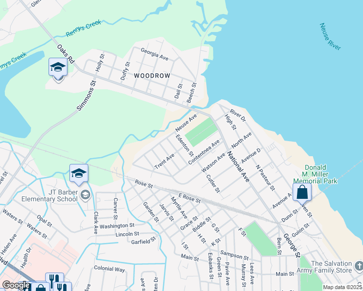 map of restaurants, bars, coffee shops, grocery stores, and more near 602 Trent Avenue in New Bern