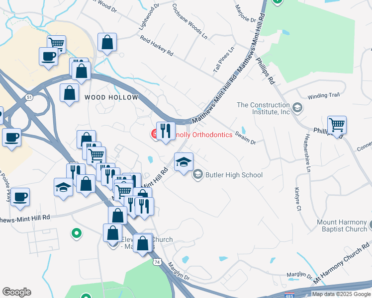 map of restaurants, bars, coffee shops, grocery stores, and more near 2026 Matthews-Mint Hill Road in Matthews