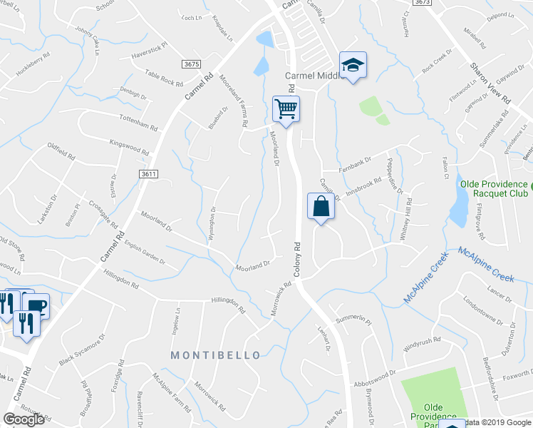 map of restaurants, bars, coffee shops, grocery stores, and more near 4029 Moorland Drive in Charlotte