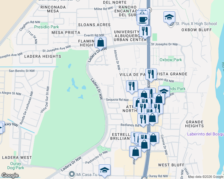 map of restaurants, bars, coffee shops, grocery stores, and more near 6041 Sequoia Road Northwest in Albuquerque