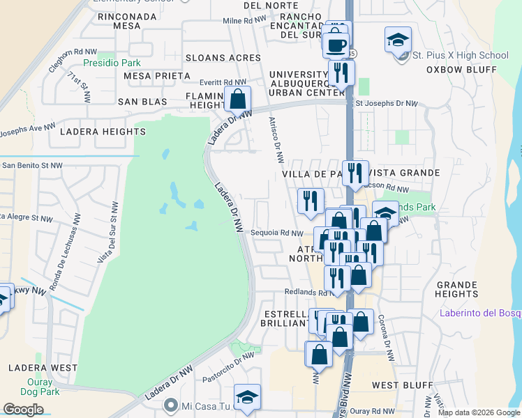 map of restaurants, bars, coffee shops, grocery stores, and more near 6041 Sequoia Road Northwest in Albuquerque