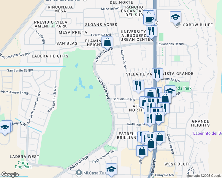 map of restaurants, bars, coffee shops, grocery stores, and more near 3608 Ladera Drive Northwest in Albuquerque