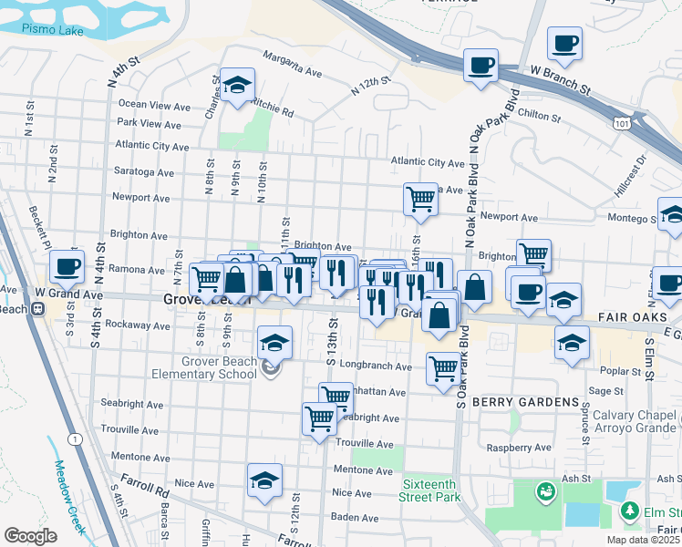 map of restaurants, bars, coffee shops, grocery stores, and more near 224 North 13th Street in Grover Beach
