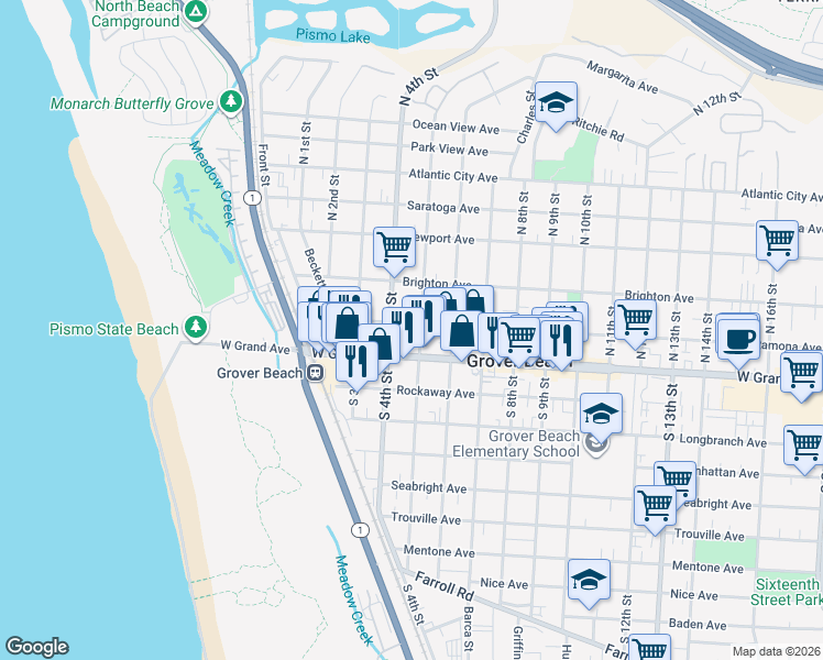 map of restaurants, bars, coffee shops, grocery stores, and more near 466 Ramona Avenue in Grover Beach