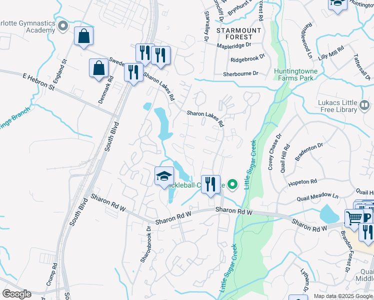 map of restaurants, bars, coffee shops, grocery stores, and more near 7989 Shady Oak Trail in Charlotte