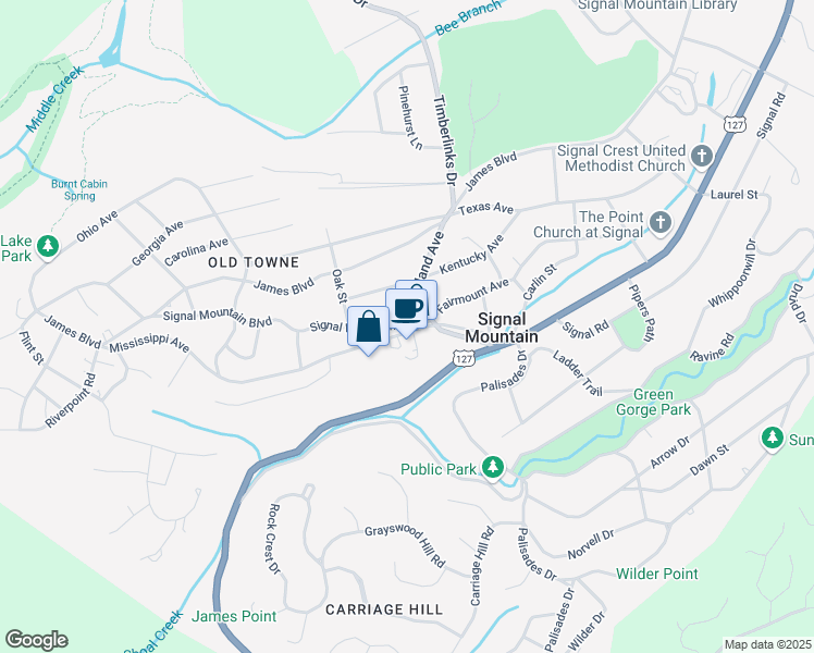map of restaurants, bars, coffee shops, grocery stores, and more near 720 Mississippi Avenue in Signal Mountain