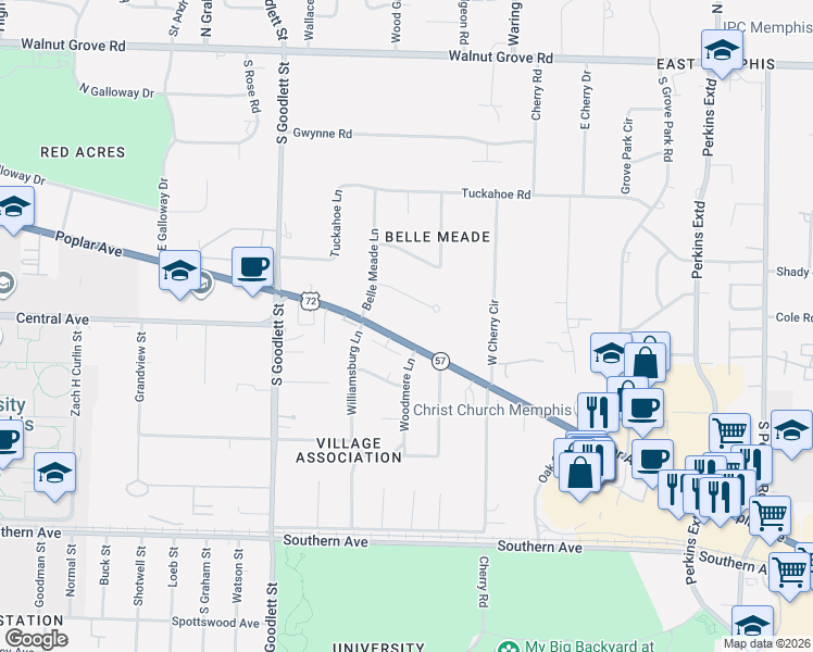 map of restaurants, bars, coffee shops, grocery stores, and more near 4234 Poplar Avenue in Memphis