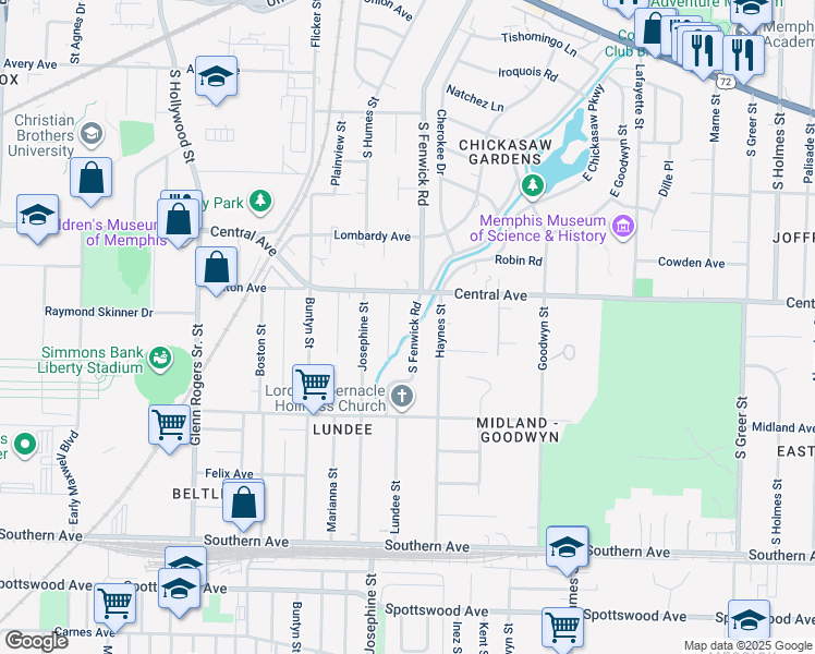 map of restaurants, bars, coffee shops, grocery stores, and more near 346 South Fenwick Road in Memphis