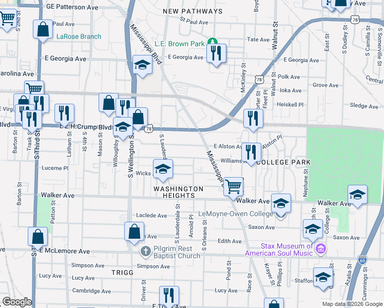 map of restaurants, bars, coffee shops, grocery stores, and more near 598 Williams Avenue in Memphis