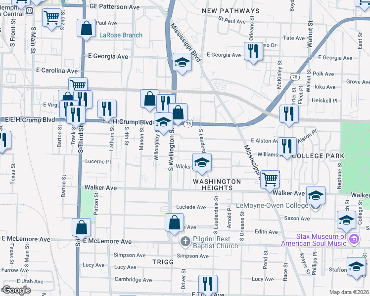 map of restaurants, bars, coffee shops, grocery stores, and more near 474 Williams Avenue in Memphis