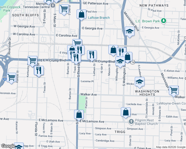map of restaurants, bars, coffee shops, grocery stores, and more near 285 Maryland Avenue in Memphis