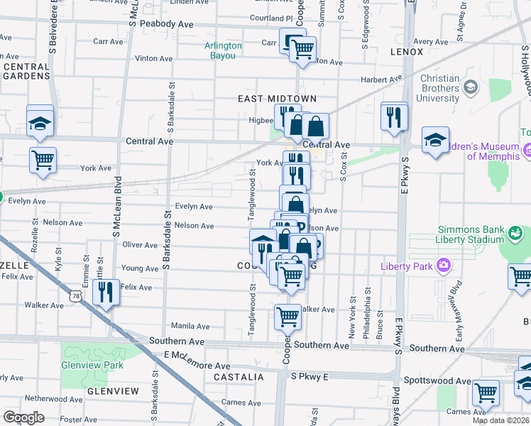 map of restaurants, bars, coffee shops, grocery stores, and more near 2089 Evelyn Avenue in Memphis