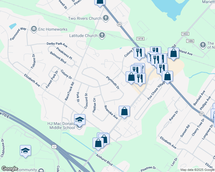 map of restaurants, bars, coffee shops, grocery stores, and more near 1004 Colony Drive in New Bern