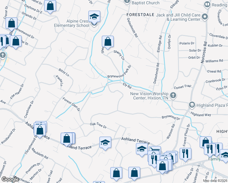 map of restaurants, bars, coffee shops, grocery stores, and more near 938 Brynewood Terrace in Chattanooga