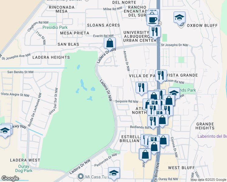 map of restaurants, bars, coffee shops, grocery stores, and more near 3608 Ladera Drive Northwest in Albuquerque
