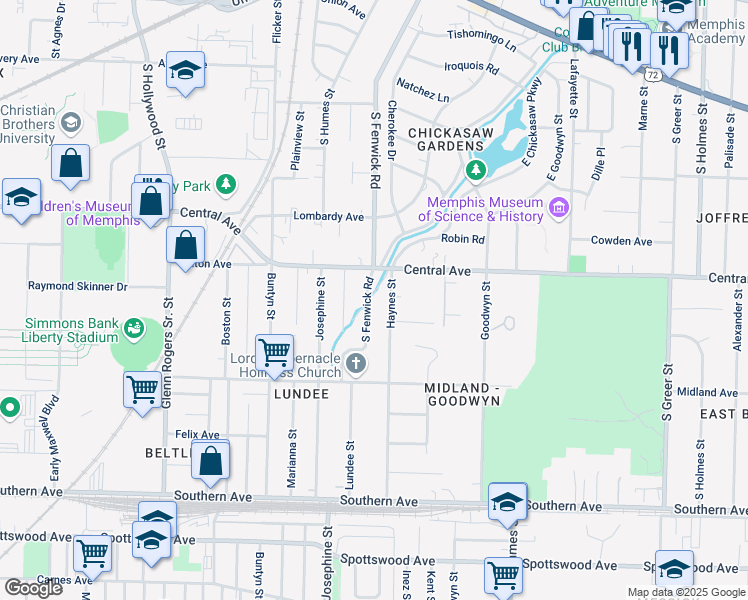 map of restaurants, bars, coffee shops, grocery stores, and more near 346 South Fenwick Road in Memphis