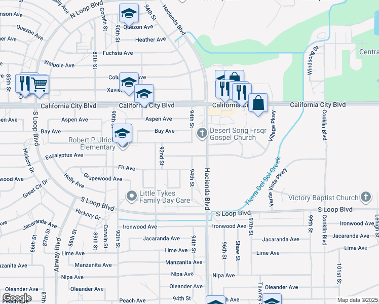 map of restaurants, bars, coffee shops, grocery stores, and more near 9337 Eucalyptus Avenue in California City