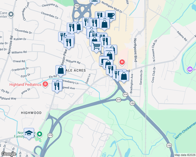 map of restaurants, bars, coffee shops, grocery stores, and more near 1911 Hamill Road in Chattanooga