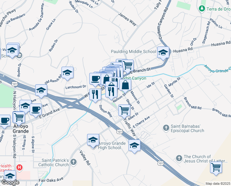map of restaurants, bars, coffee shops, grocery stores, and more near 133 Bridge Street in Arroyo Grande