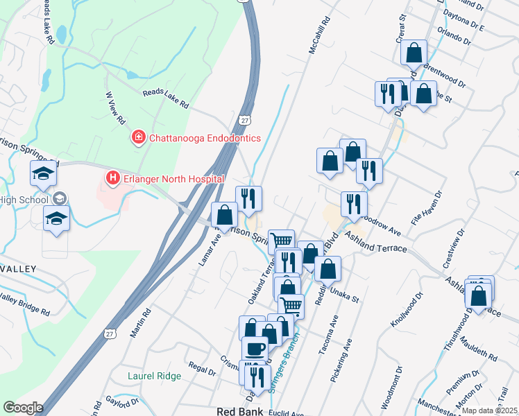 map of restaurants, bars, coffee shops, grocery stores, and more near 4018 McCahill Road in Chattanooga