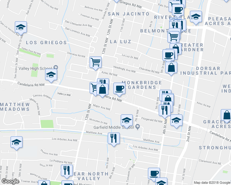 map of restaurants, bars, coffee shops, grocery stores, and more near 3717 Otra Vez Court Northwest in Albuquerque