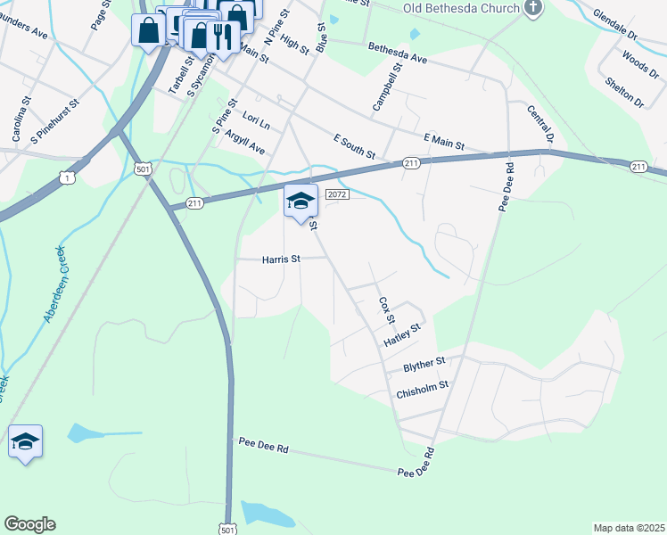 map of restaurants, bars, coffee shops, grocery stores, and more near Keyser Street in Moore County