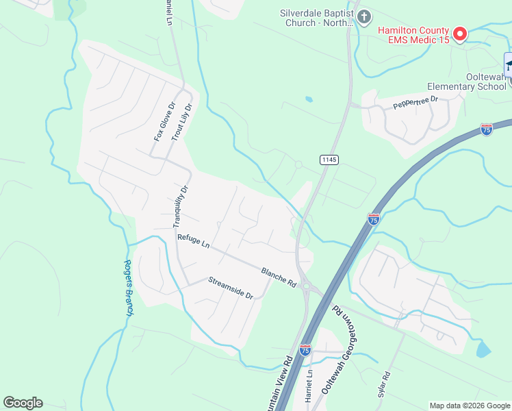 map of restaurants, bars, coffee shops, grocery stores, and more near 7563 Lacie Jay Ln in Ooltewah