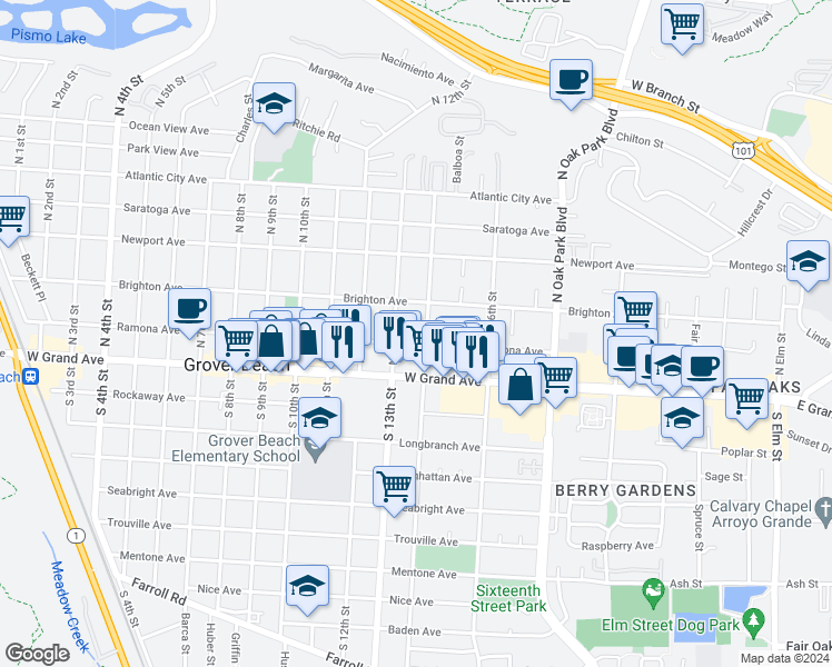 map of restaurants, bars, coffee shops, grocery stores, and more near 1367 Ramona Avenue in Grover Beach