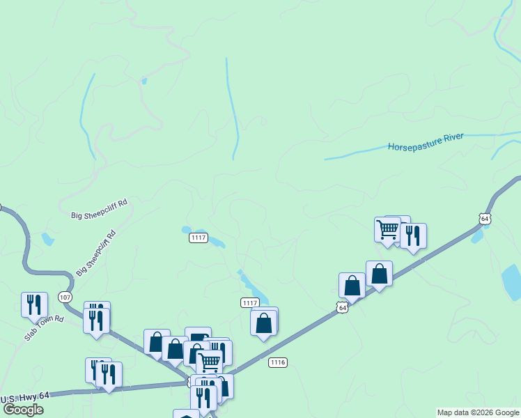 map of restaurants, bars, coffee shops, grocery stores, and more near 5 East Ridge Road in Cashiers