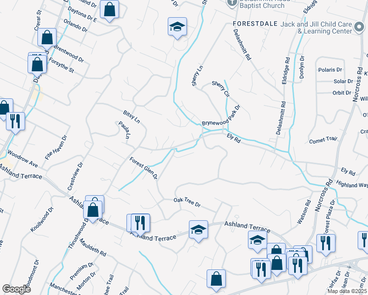 map of restaurants, bars, coffee shops, grocery stores, and more near 806 Ely Road in Chattanooga