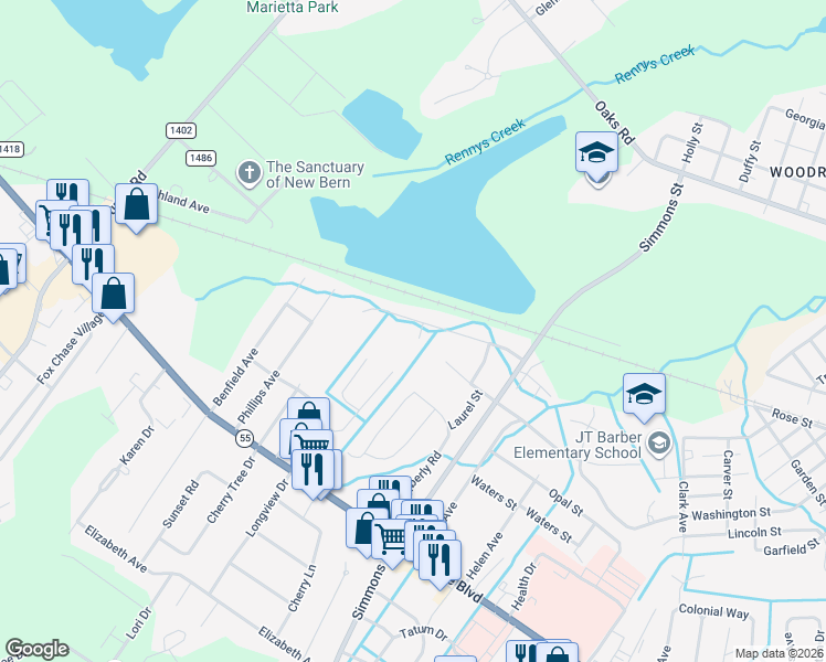 map of restaurants, bars, coffee shops, grocery stores, and more near 2601 North Hills Drive in New Bern