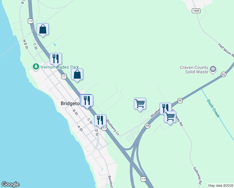 map of restaurants, bars, coffee shops, grocery stores, and more near 588 Bridge Street in New Bern