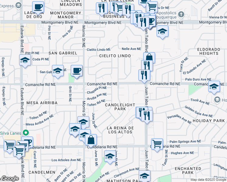 map of restaurants, bars, coffee shops, grocery stores, and more near 10525 Arvilla Avenue Northeast in Albuquerque