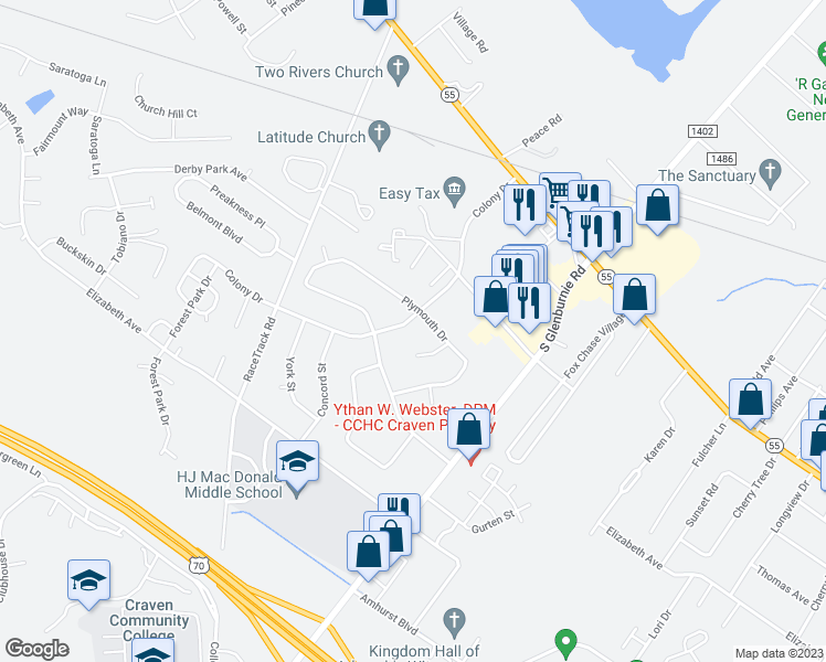 map of restaurants, bars, coffee shops, grocery stores, and more near 1006 Colony Drive in New Bern