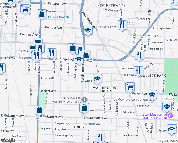 map of restaurants, bars, coffee shops, grocery stores, and more near 474 Williams Avenue in Memphis