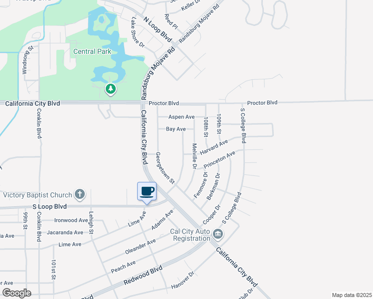 map of restaurants, bars, coffee shops, grocery stores, and more near 20808 107th Street in California City