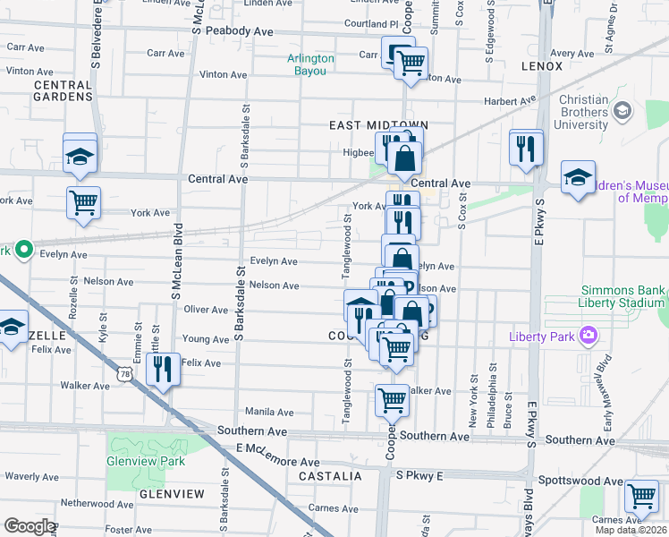 map of restaurants, bars, coffee shops, grocery stores, and more near 2051 Evelyn Avenue in Memphis