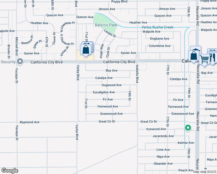 map of restaurants, bars, coffee shops, grocery stores, and more near 7236 Dogwood Avenue in California City