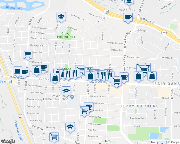 map of restaurants, bars, coffee shops, grocery stores, and more near 224 North 13th Street in Grover Beach