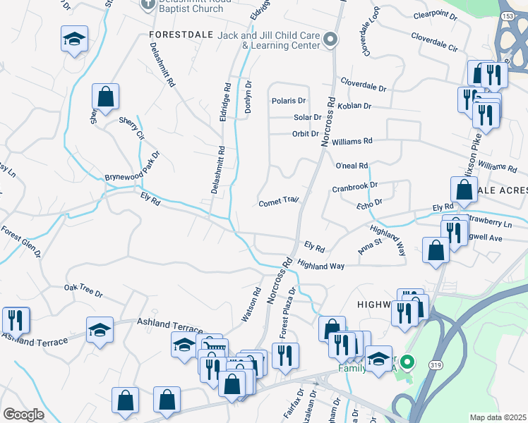 map of restaurants, bars, coffee shops, grocery stores, and more near 4327 Comet Trail in Chattanooga