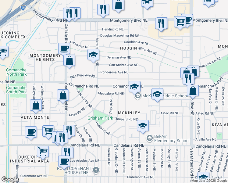 map of restaurants, bars, coffee shops, grocery stores, and more near 4107 Mescalero Road Northeast in Albuquerque