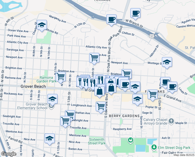 map of restaurants, bars, coffee shops, grocery stores, and more near 1651 Ramona Avenue in Grover Beach